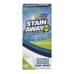 STAIN-AWAY Plus denture cleanser whitens, brightens, and kills odor causing germs, leaving dentures like new.