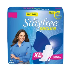 Stayfree Secure Cottony Extra Large sanitary pads with wings provide comfortable, long-lasting, and leak-proof protection for women during heavy flow and overnight use.