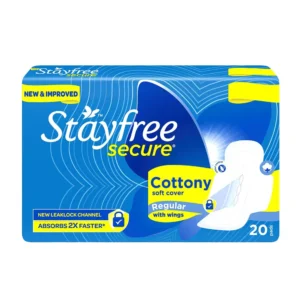 Stayfree Secure Cottony Wings sanitary napkins with odour control and super absorbent design to prevent leaks, pack of 20.