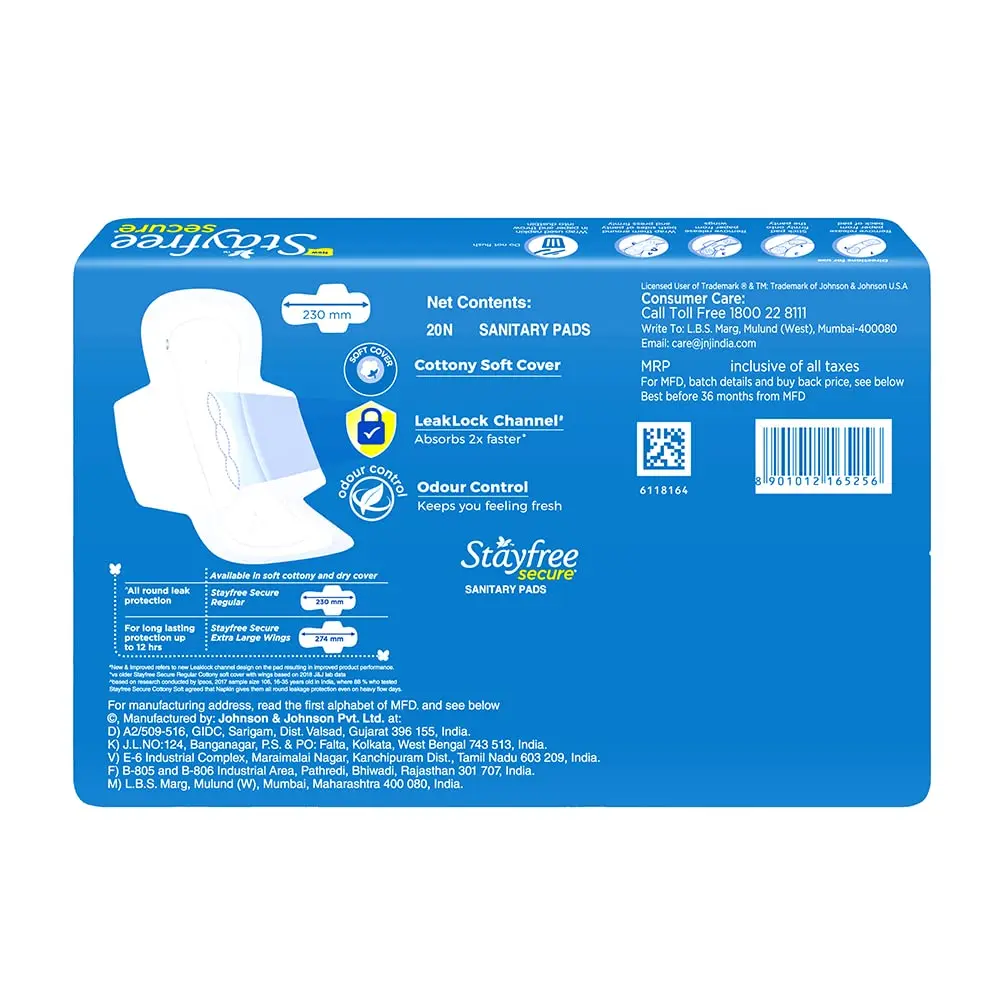 Stayfree Secure Cottony Wings sanitary napkins with odour control and super absorbent design to prevent leaks, pack of 20.
