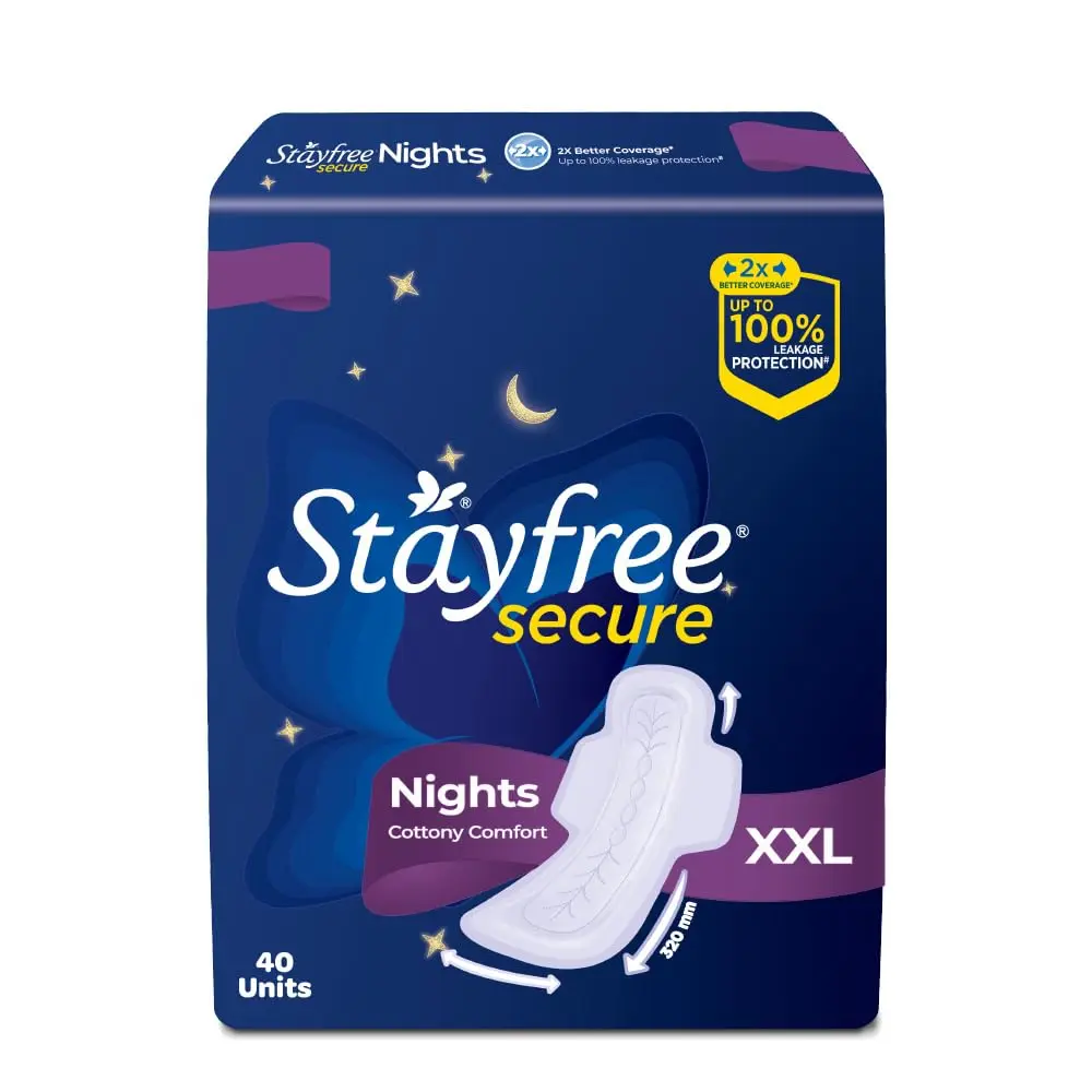 Stay worry-free with Stayfree Secure Nights XXL pads offering up to 100% leakage protection, 2x faster absorption, and a cottony soft cover for comfortable overnight use.