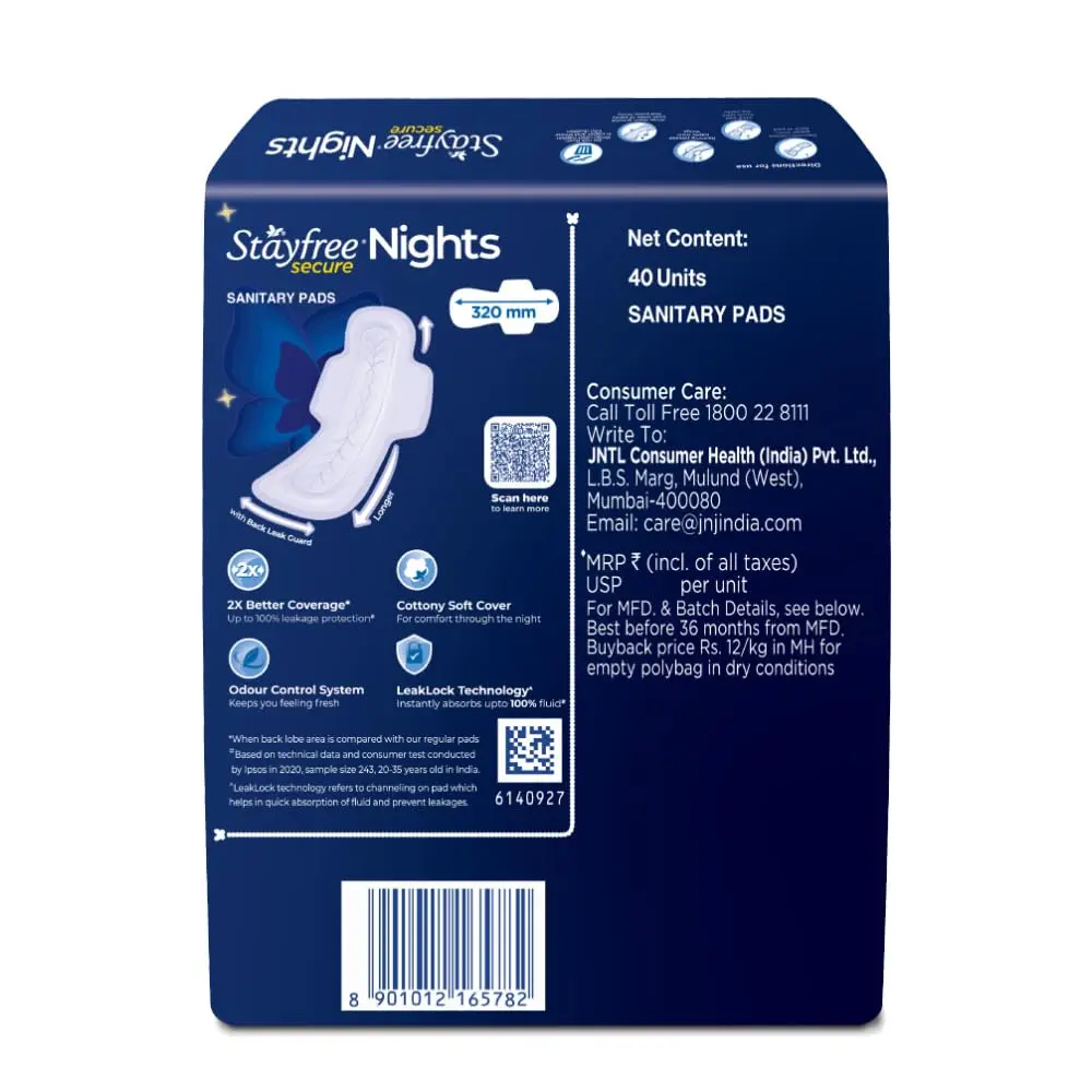 Stay worry-free with Stayfree Secure Nights XXL pads offering up to 100% leakage protection, 2x faster absorption, and a cottony soft cover for comfortable overnight use.