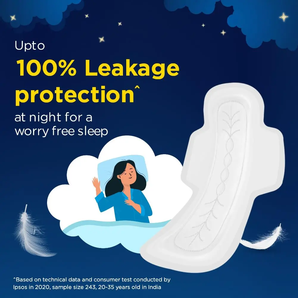 Stay worry-free with Stayfree Secure Nights XXL pads offering up to 100% leakage protection, 2x faster absorption, and a cottony soft cover for comfortable overnight use.
