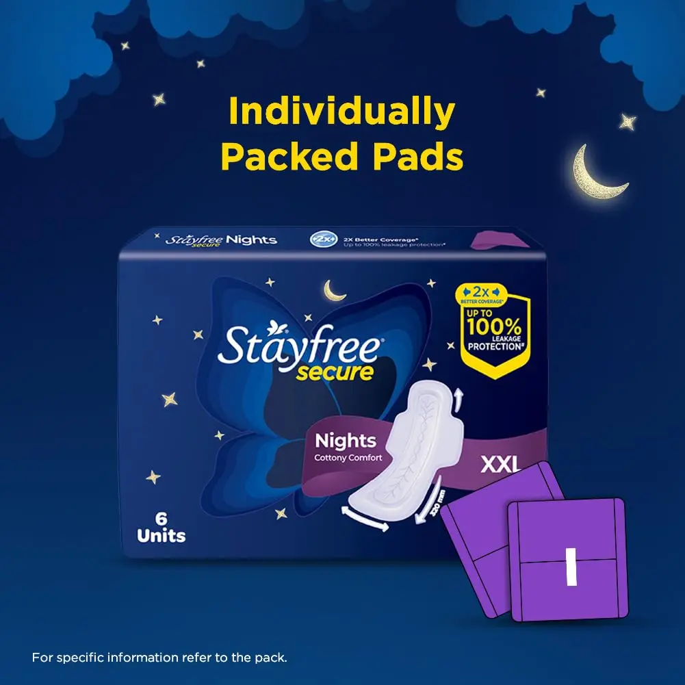 Stay worry-free with Stayfree Secure Nights XXL pads offering up to 100% leakage protection, 2x faster absorption, and a cottony soft cover for comfortable overnight use.