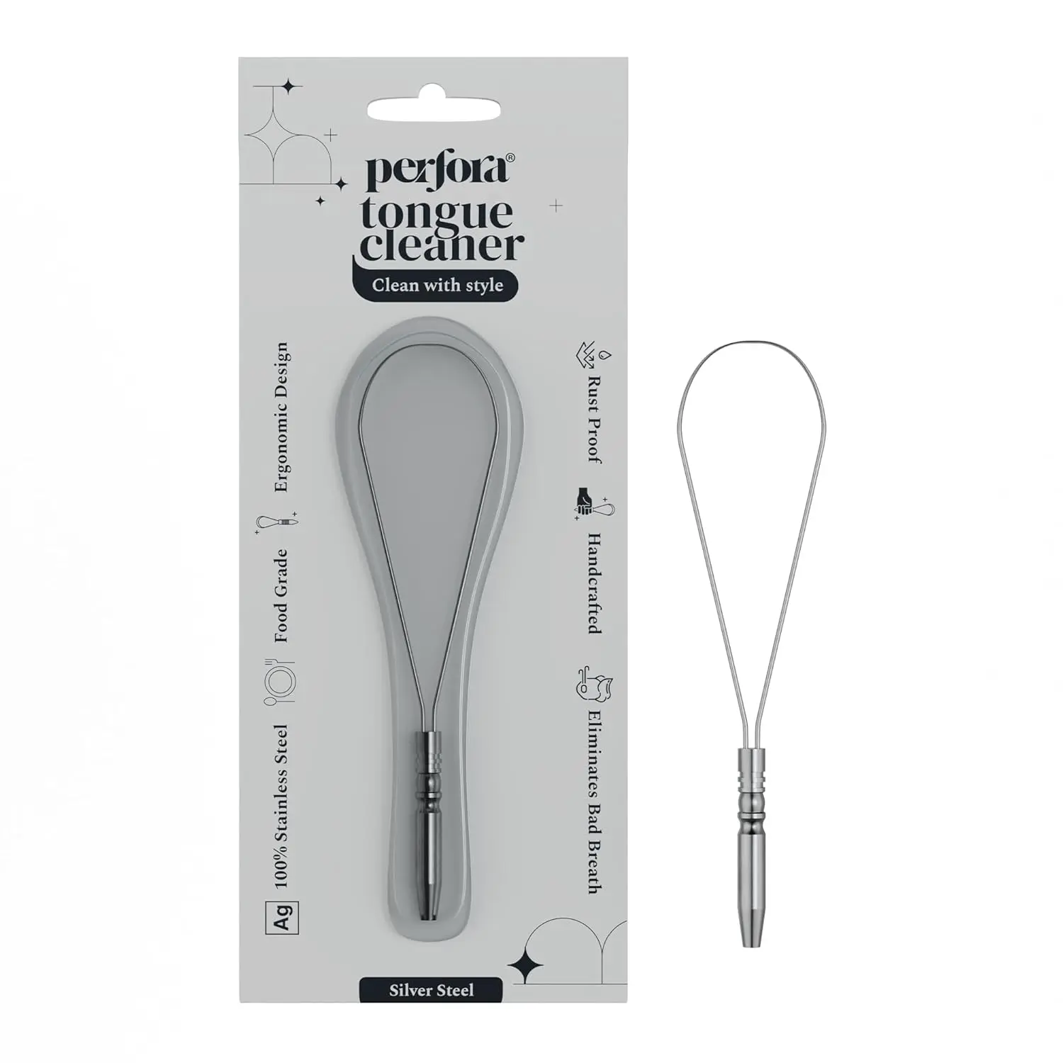 Perfora stainless steel tongue scraper effectively removes bacteria and plaque for fresher breath and improved sense of taste.
