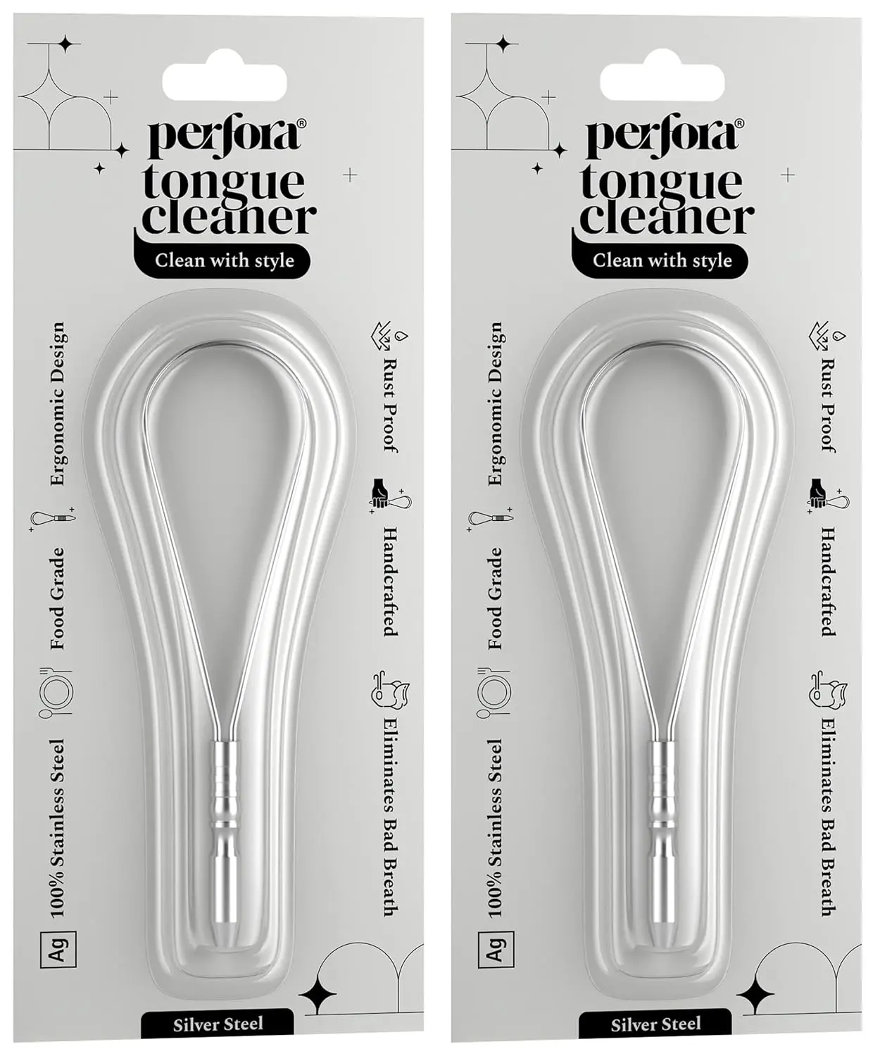 The stainless steel Perfora tongue cleaner helps remove bacteria and plaque for fresher breath and a better sense of taste.