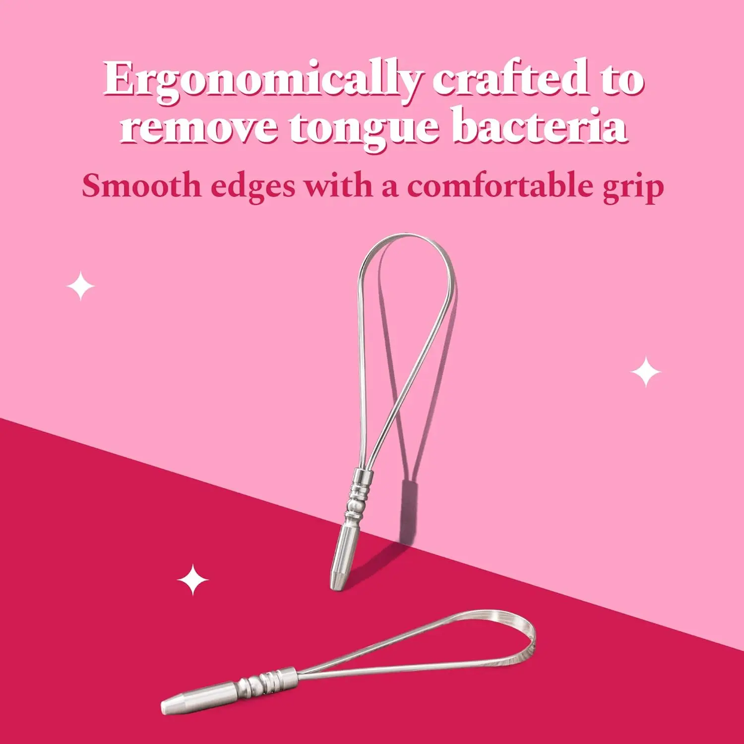 Perfora stainless steel tongue scraper effectively removes bacteria and plaque for fresher breath and improved sense of taste.