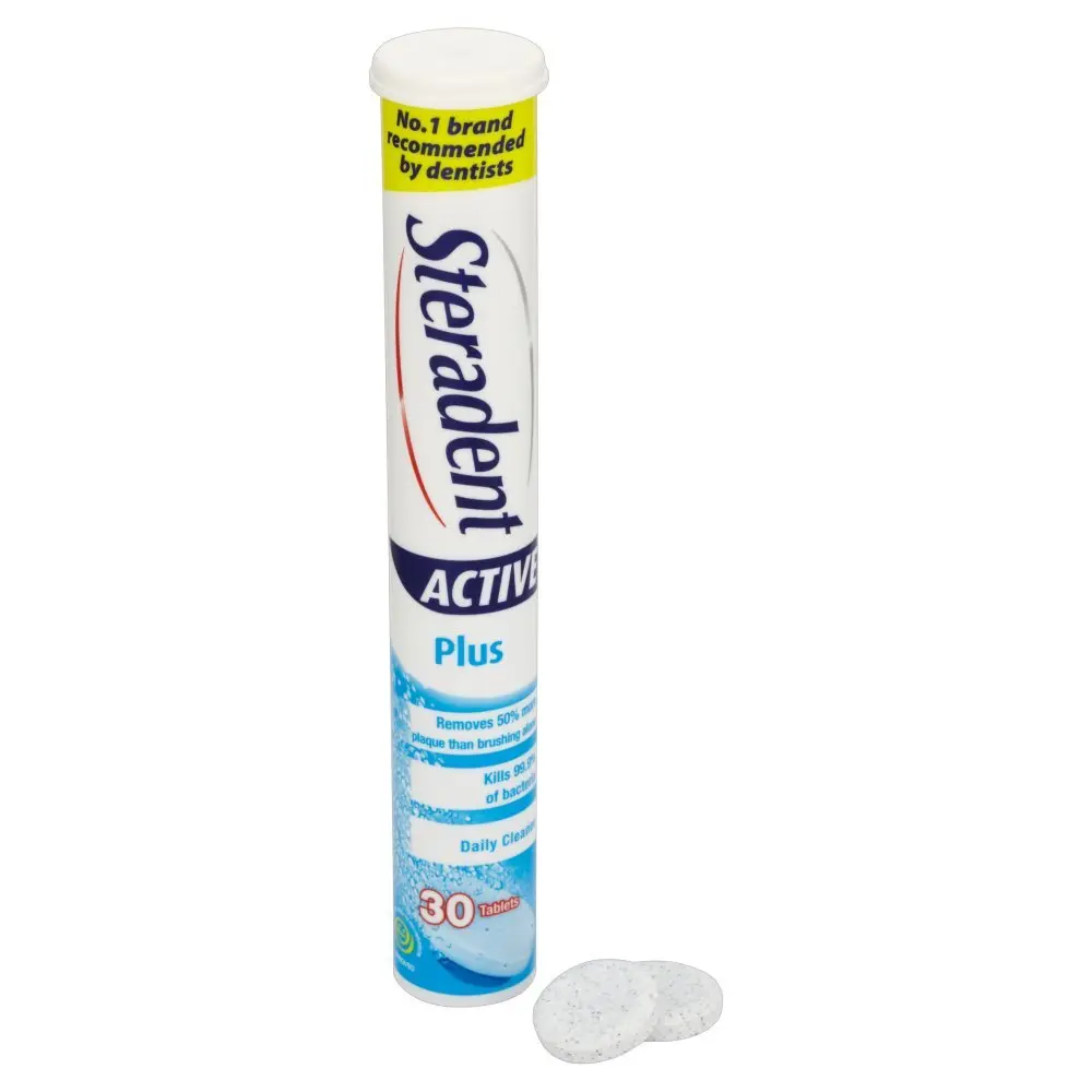 A box of Steradent Active Plus denture cleaning tablets, a dentist-recommended solution that powerfully cleans full and partial dentures, removing plaque and stains, killing 99.9% of bacteria, and leaving dentures feeling fresh and clean.