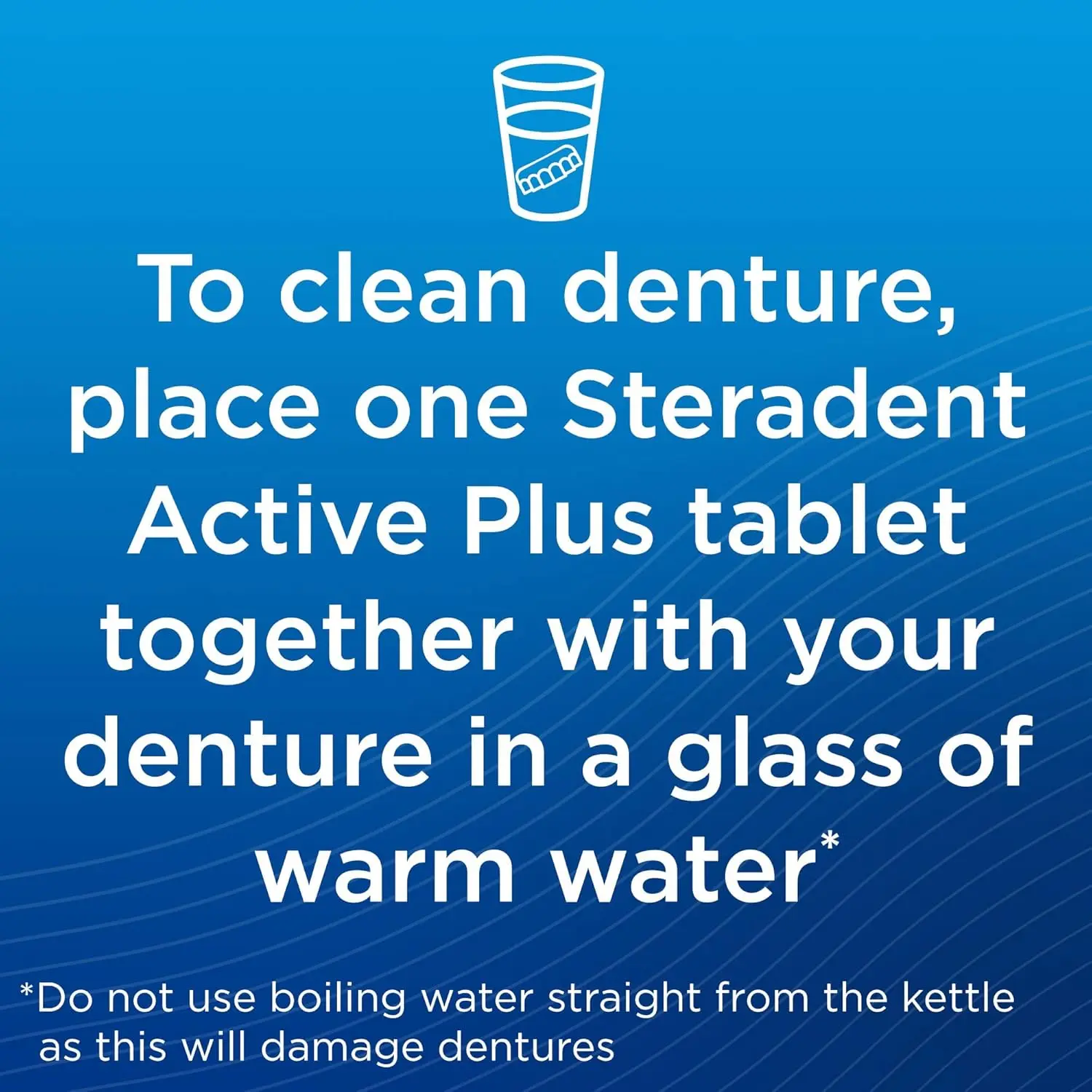 A box of Steradent Active Plus denture cleaning tablets, a dentist-recommended solution that powerfully cleans full and partial dentures, removing plaque and stains, killing 99.9% of bacteria, and leaving dentures feeling fresh and clean.