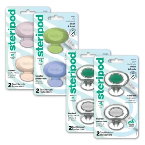 Four colorful Steripod clip-on toothbrush protectors keep your manual or electric toothbrush head clean and fresh for up to three months with thymol vapors.