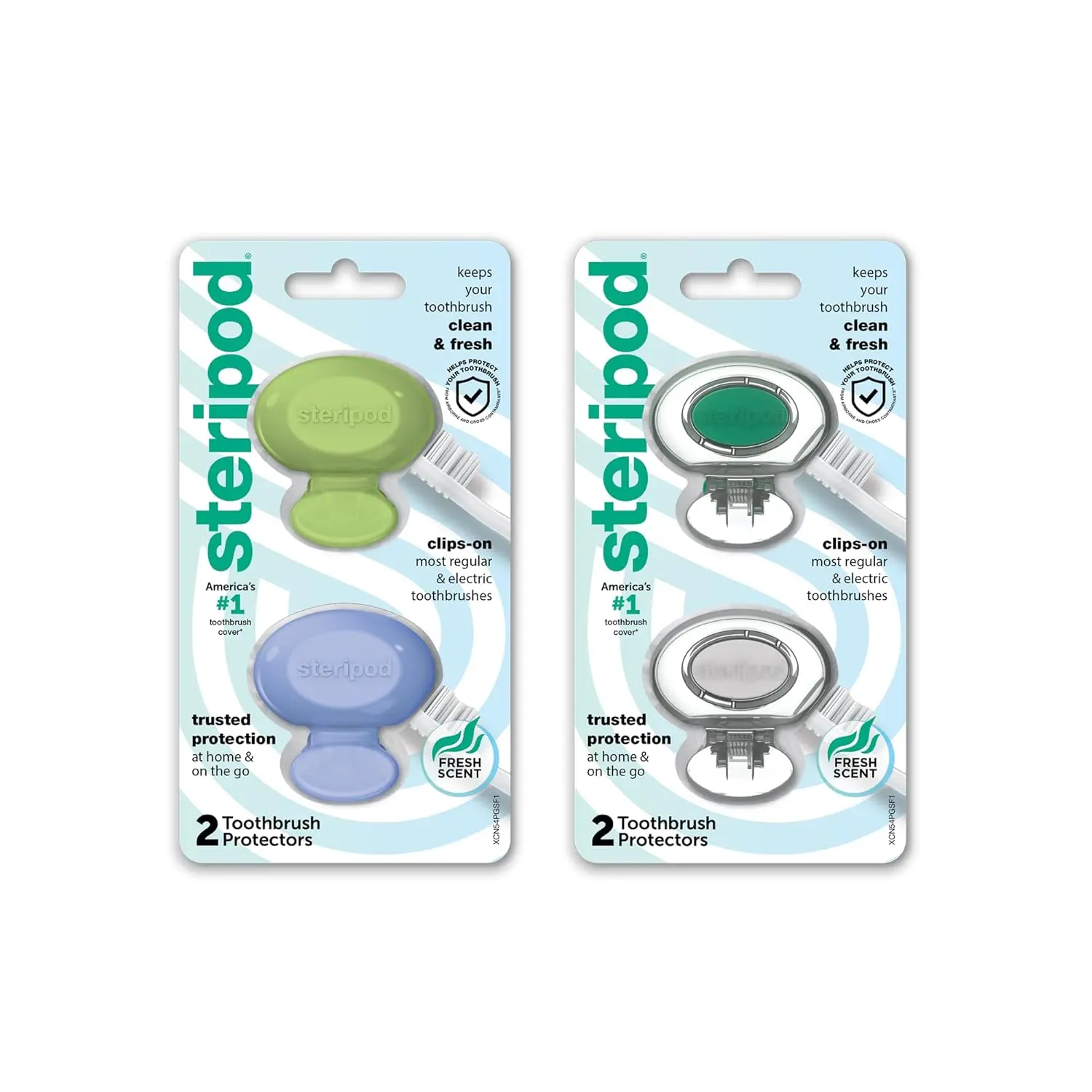 Steripod toothbrush protectors clip onto manual and electric toothbrush heads to keep bristles clean, fresh and protected from cross-contamination.