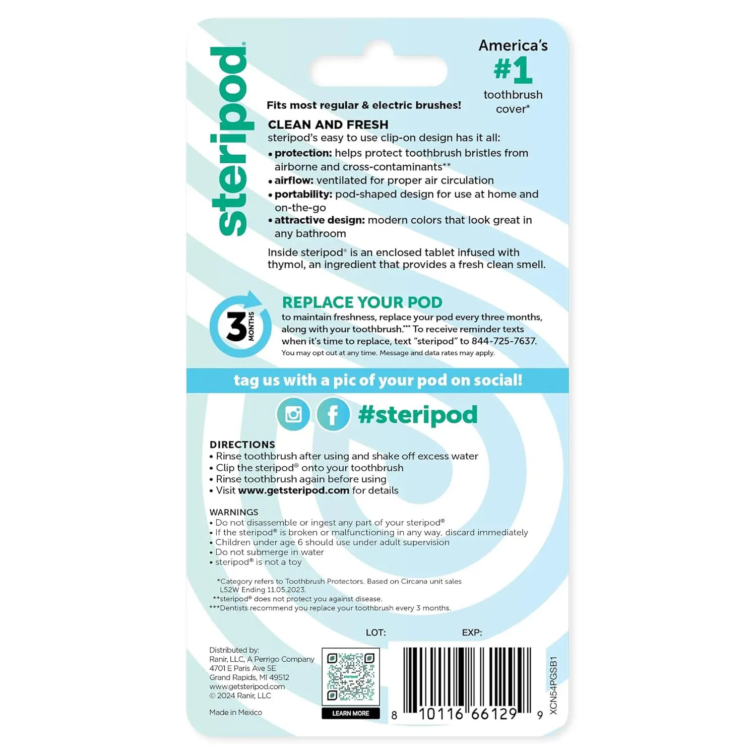 Two Steripod clip-on toothbrush protectors, one green and one blue, offering bristle protection with fresh-scented thymol vapors.