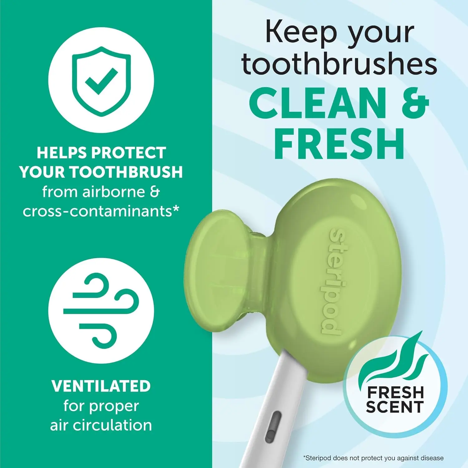 Steripod toothbrush protectors clip onto manual and electric toothbrush heads to keep bristles clean, fresh and protected from cross-contamination.
