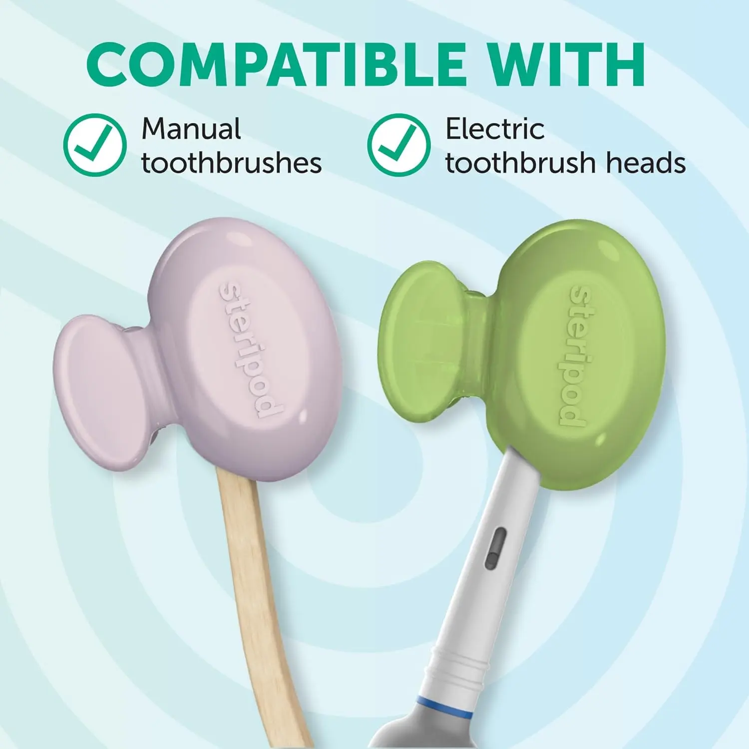 Steripod toothbrush protectors clip onto manual and electric toothbrush heads to keep bristles clean, fresh and protected from cross-contamination.