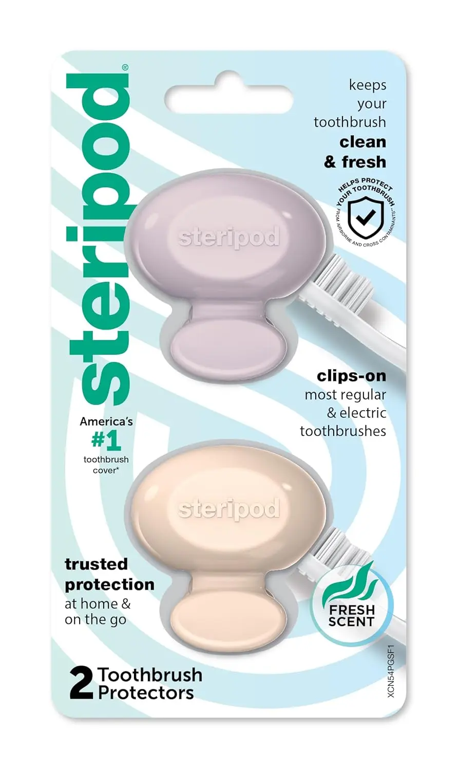 Two Steripod clip-on toothbrush protectors, one green and one blue, offering bristle protection with fresh-scented thymol vapors.