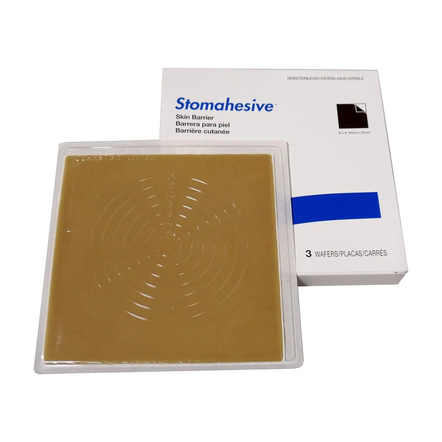An 8x8 inch Stomahesive Skin Barrier Wafer providing skin protection around a stoma.