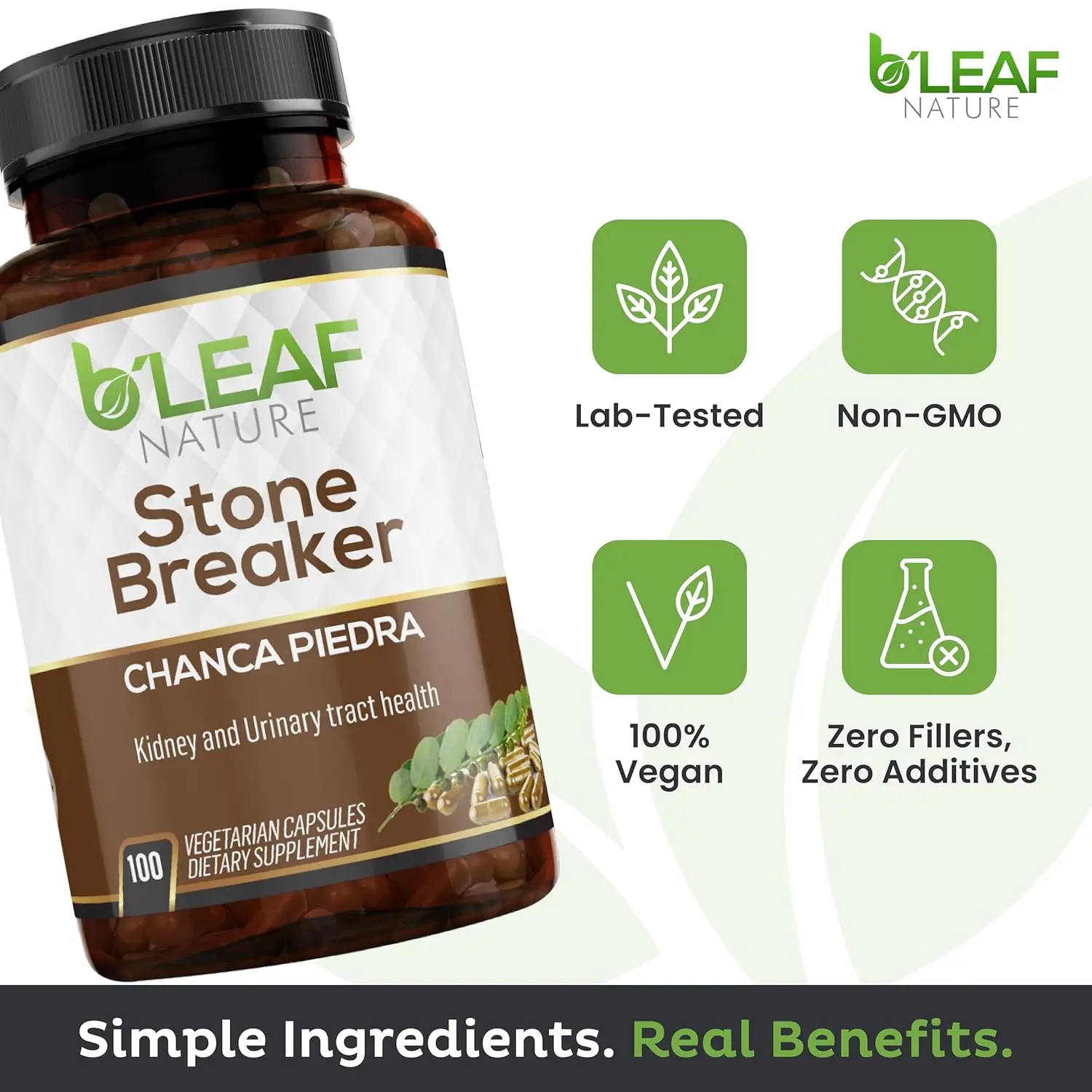 B'Leaf Nature's Stone Breaker Chanca Piedra supplement supports urinary tract health and kidney stone breaker function with a vegan, non-GMO formula.