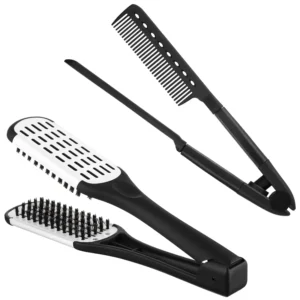 This set includes a black and a white hair straightening brush and a V-shaped flat iron comb for achieving sleek, straight hair while protecting hands from heat, making it perfect for both home and professional use.