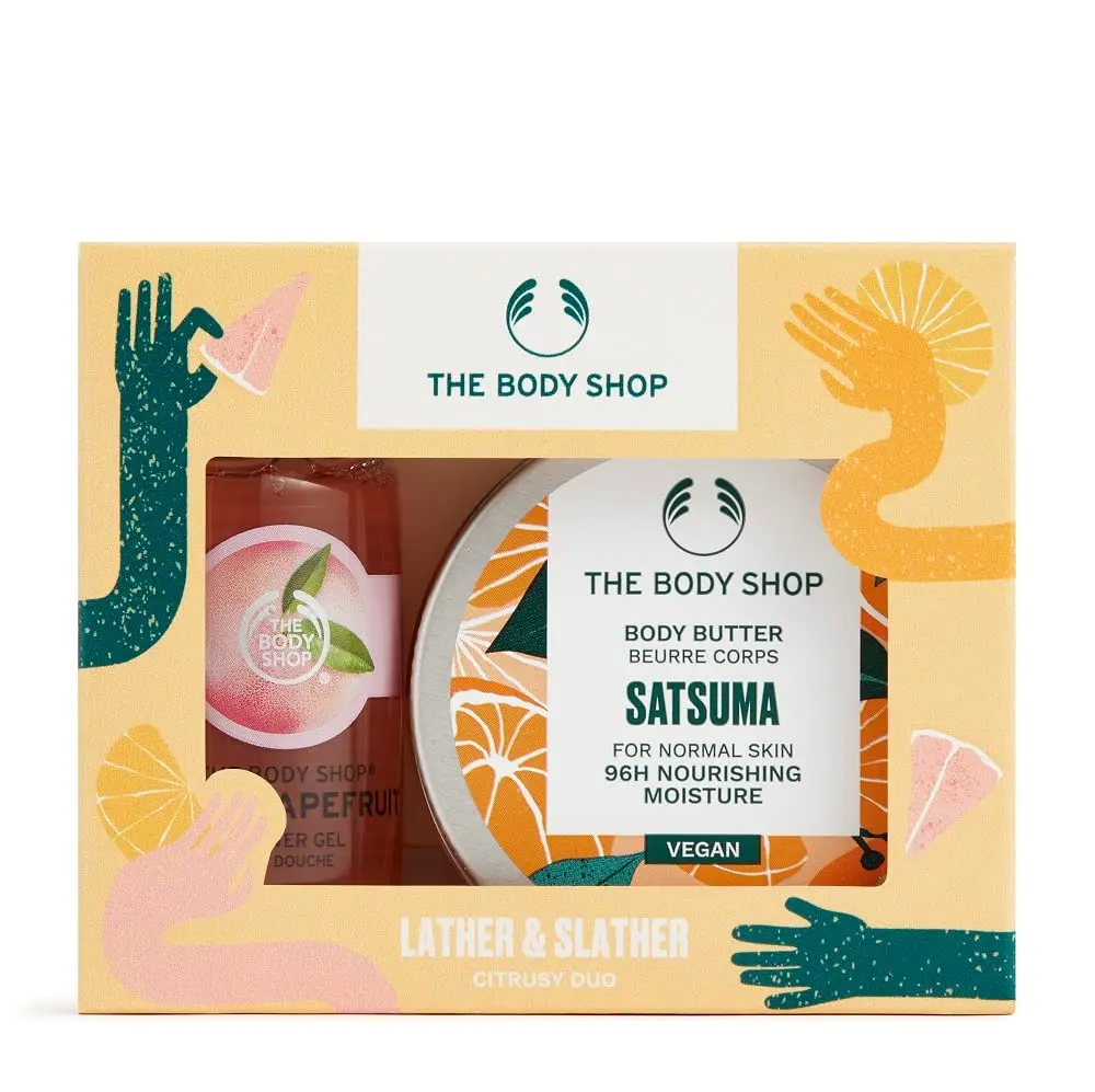 The Body Shop Strawberry Lather & Slather Duo gift set includes strawberry scented shower gel and body butter, made with Community Fair Trade partners and packaged in recyclable FSC certified materials.