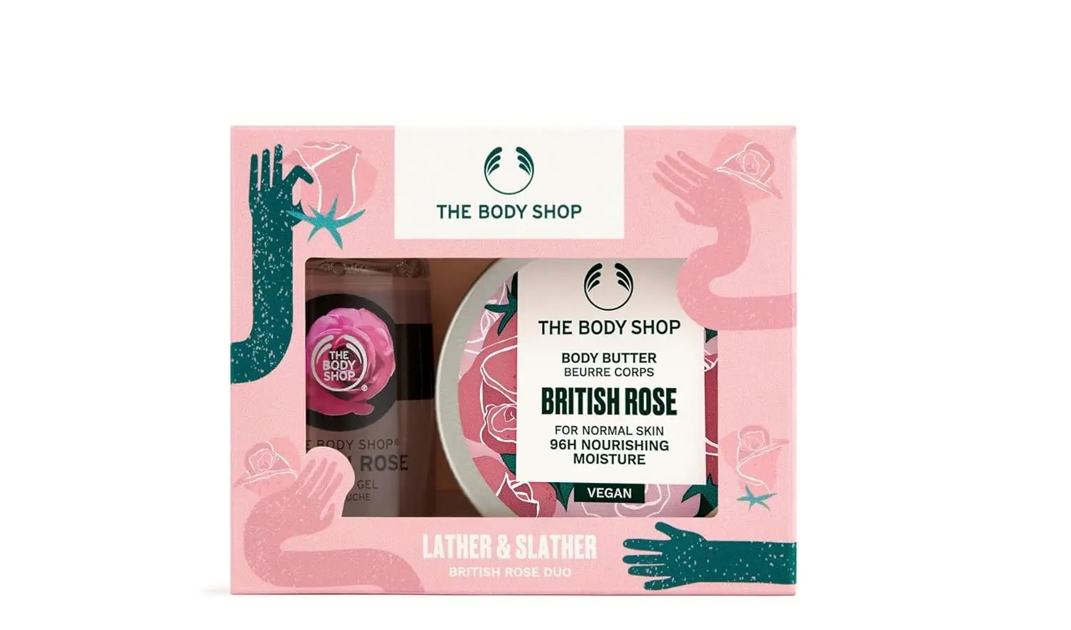 The Body Shop Strawberry Lather & Slather Duo gift set includes strawberry scented shower gel and body butter, made with Community Fair Trade partners and packaged in recyclable FSC certified materials.