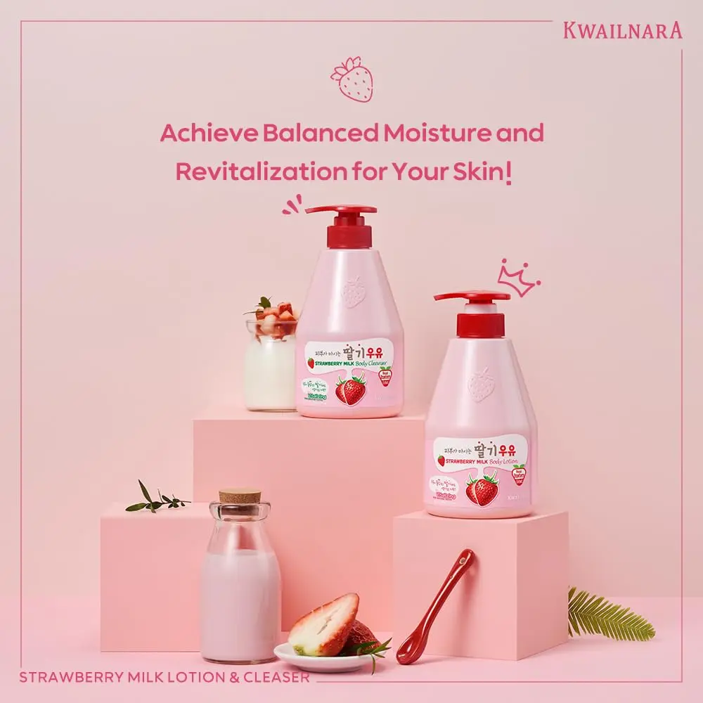 A bottle of KWAILNARA Strawberry Milk Body Cleanser by WELCOS, a creamy and fragrant cleanser for soft and moisturized skin.
