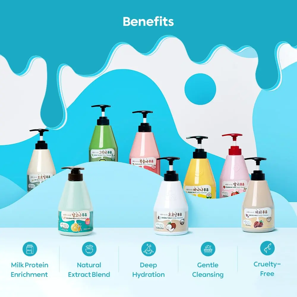 A bottle of KWAILNARA Strawberry Milk Body Cleanser by WELCOS, a creamy and fragrant cleanser for soft and moisturized skin.