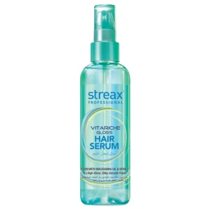 Streax Professional Vitariche Gloss Hair Serum enriched with Macadamia Oil and Vitamin E to nourish and add shine for manageable, frizz-free hair.