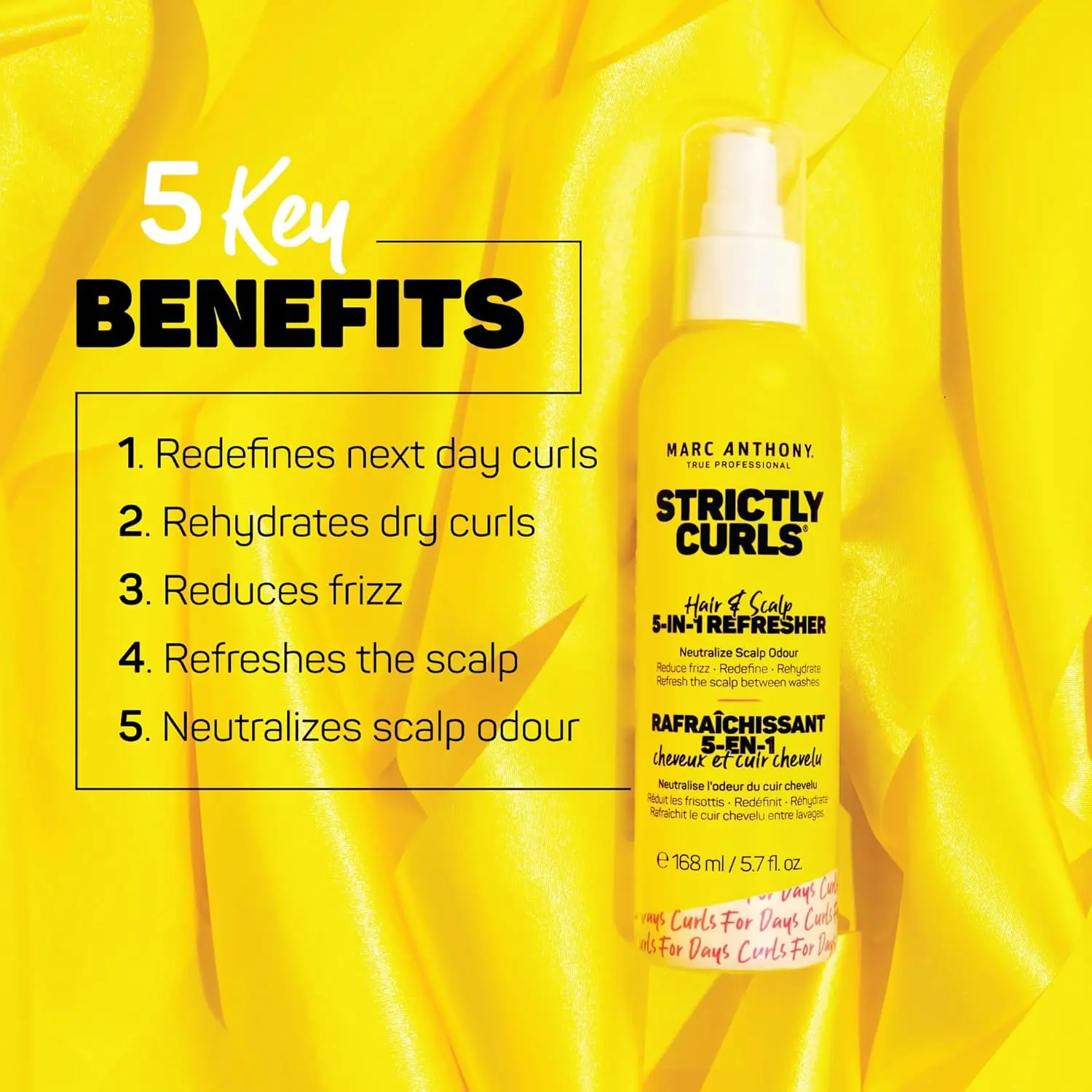 Marc Anthony Strictly Curls 5-in-1 Refresher spray bottle with shea butter and avocado oil for moisturizing, defining and refreshing curly hair.