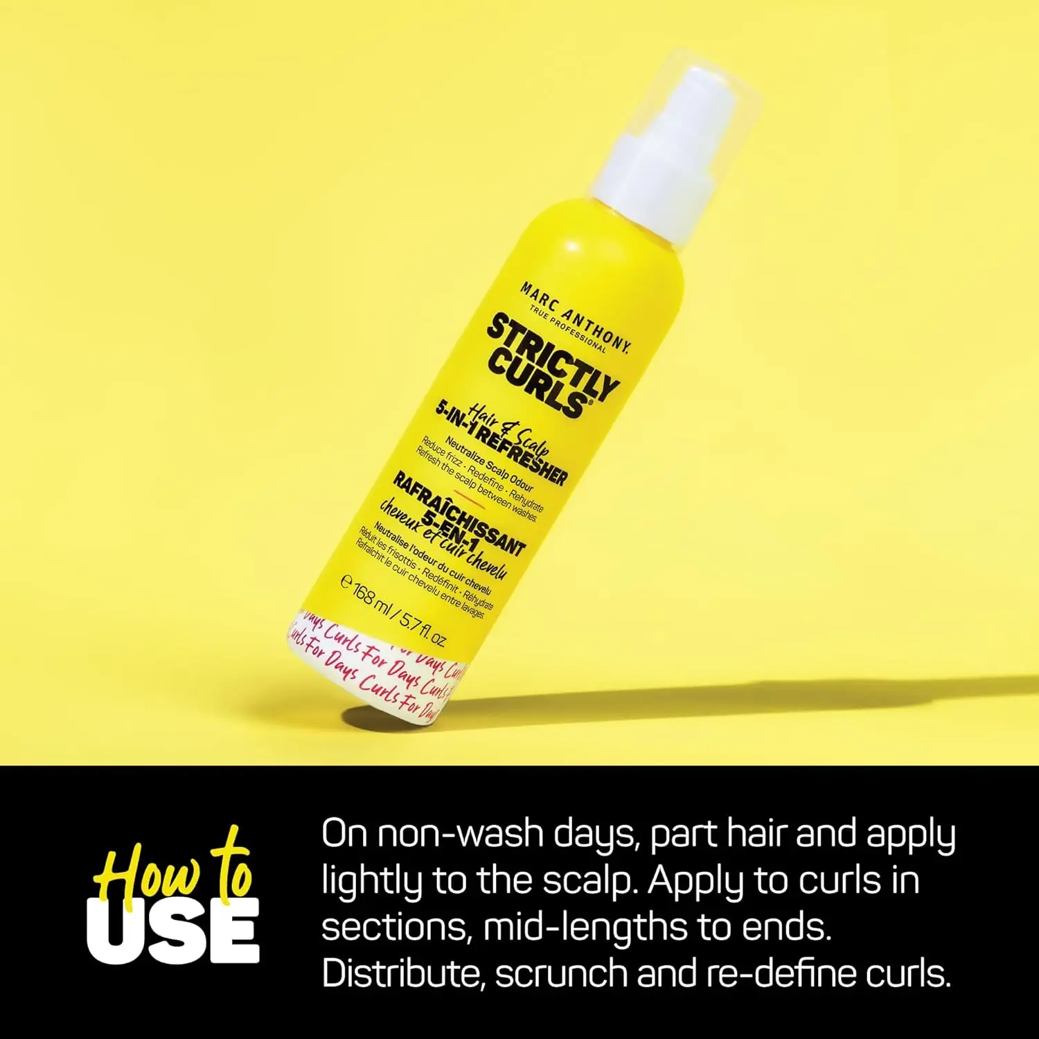 Marc Anthony Strictly Curls 5-in-1 Refresher spray bottle with shea butter and avocado oil for moisturizing, defining and refreshing curly hair.