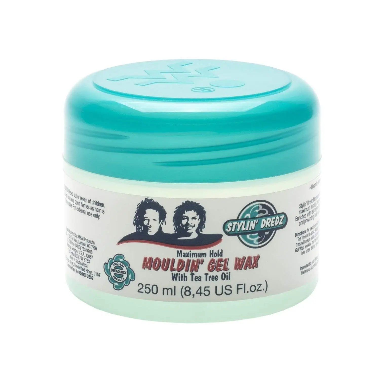 A jar of Stylin Dredz moulding gel wax formulated with tea tree oil to hold dreadlocks in place, soothe the scalp, and add a healthy shine.