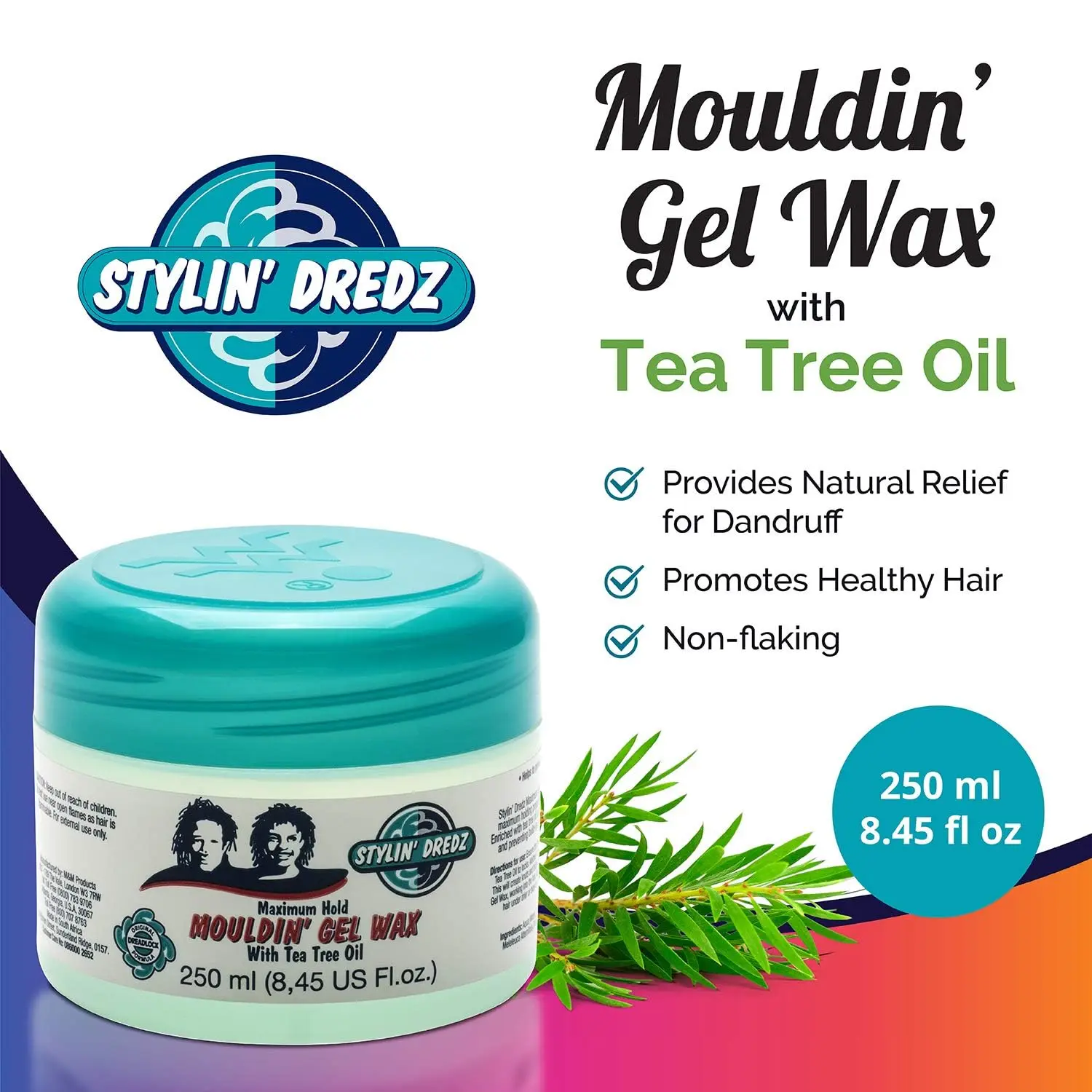 A jar of Stylin Dredz moulding gel wax formulated with tea tree oil to hold dreadlocks in place, soothe the scalp, and add a healthy shine.