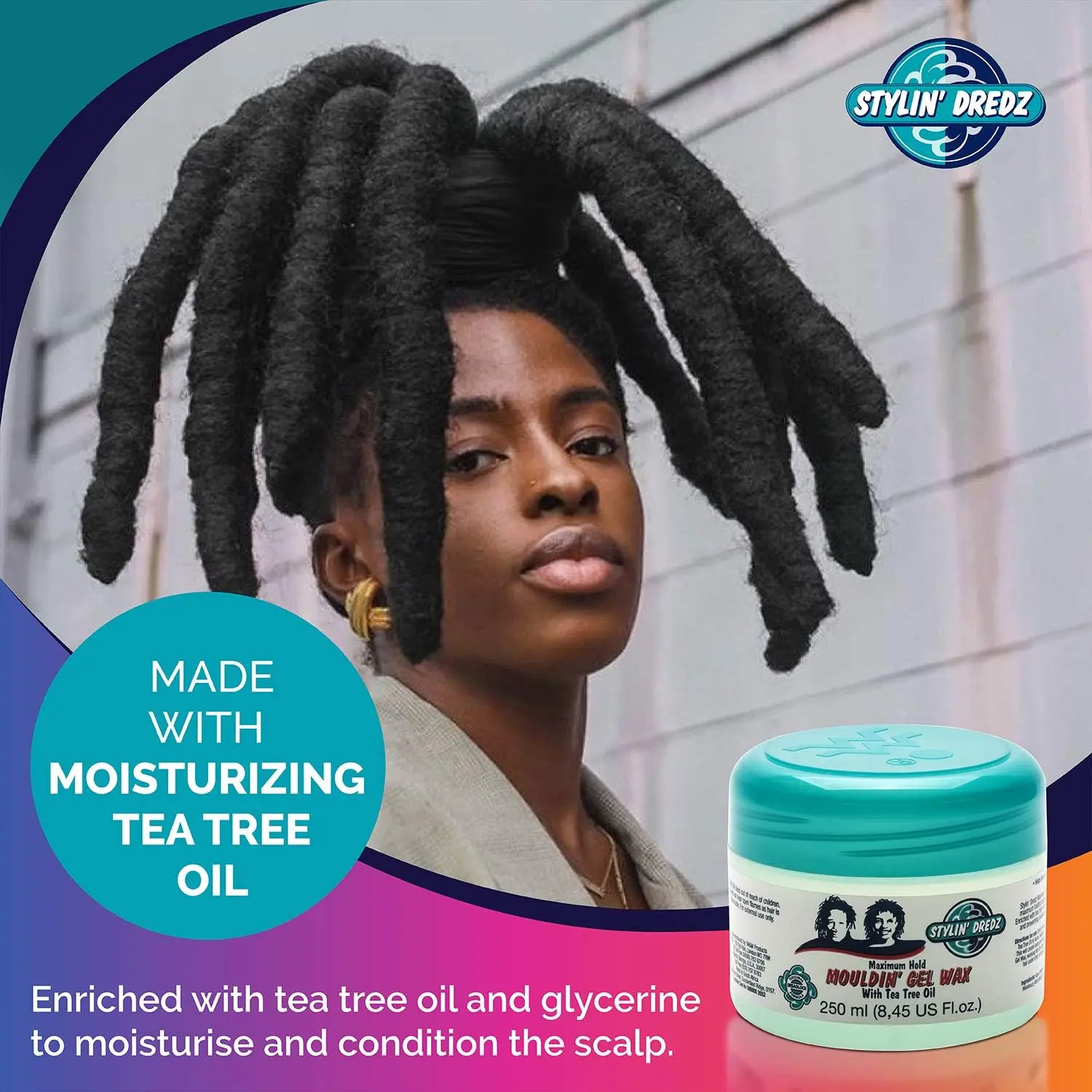 A jar of Stylin Dredz moulding gel wax formulated with tea tree oil to hold dreadlocks in place, soothe the scalp, and add a healthy shine.