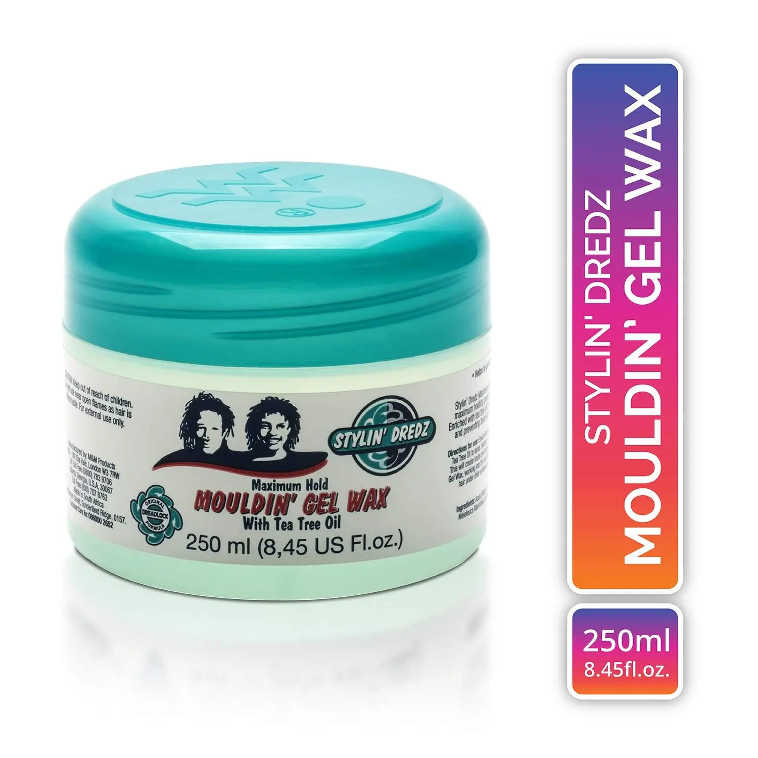 A jar of Stylin Dredz moulding gel wax formulated with tea tree oil to hold dreadlocks in place, soothe the scalp, and add a healthy shine.