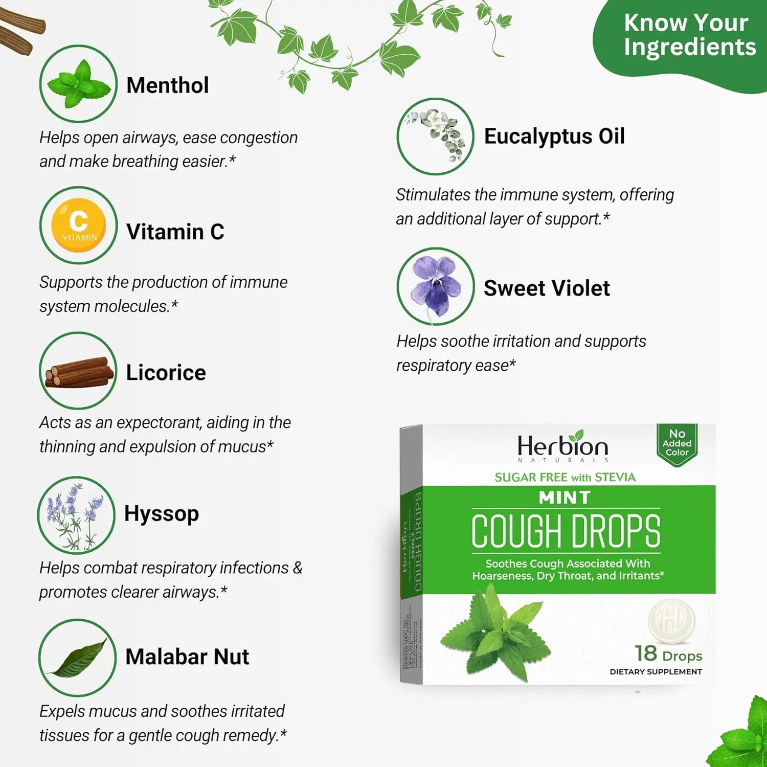 Herbion Naturals sugar-free cough drops provide rapid cough relief, soothe sore throats and dry mouths, and ease bronchial irritation with a blend of herbs and mint flavor, suitable for adults and children 6+.