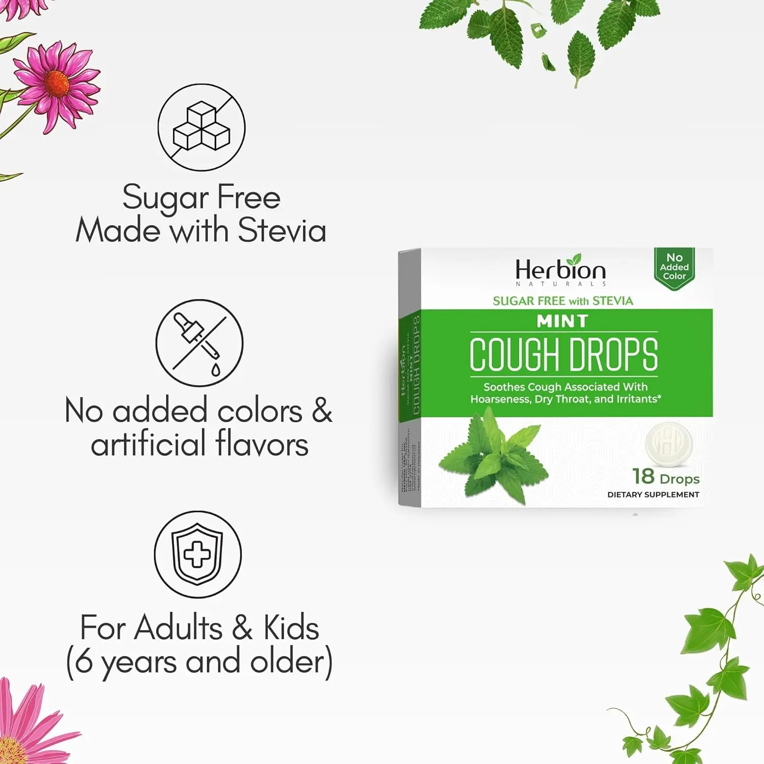 Herbion Naturals sugar-free cough drops provide rapid cough relief, soothe sore throats and dry mouths, and ease bronchial irritation with a blend of herbs and mint flavor, suitable for adults and children 6+.