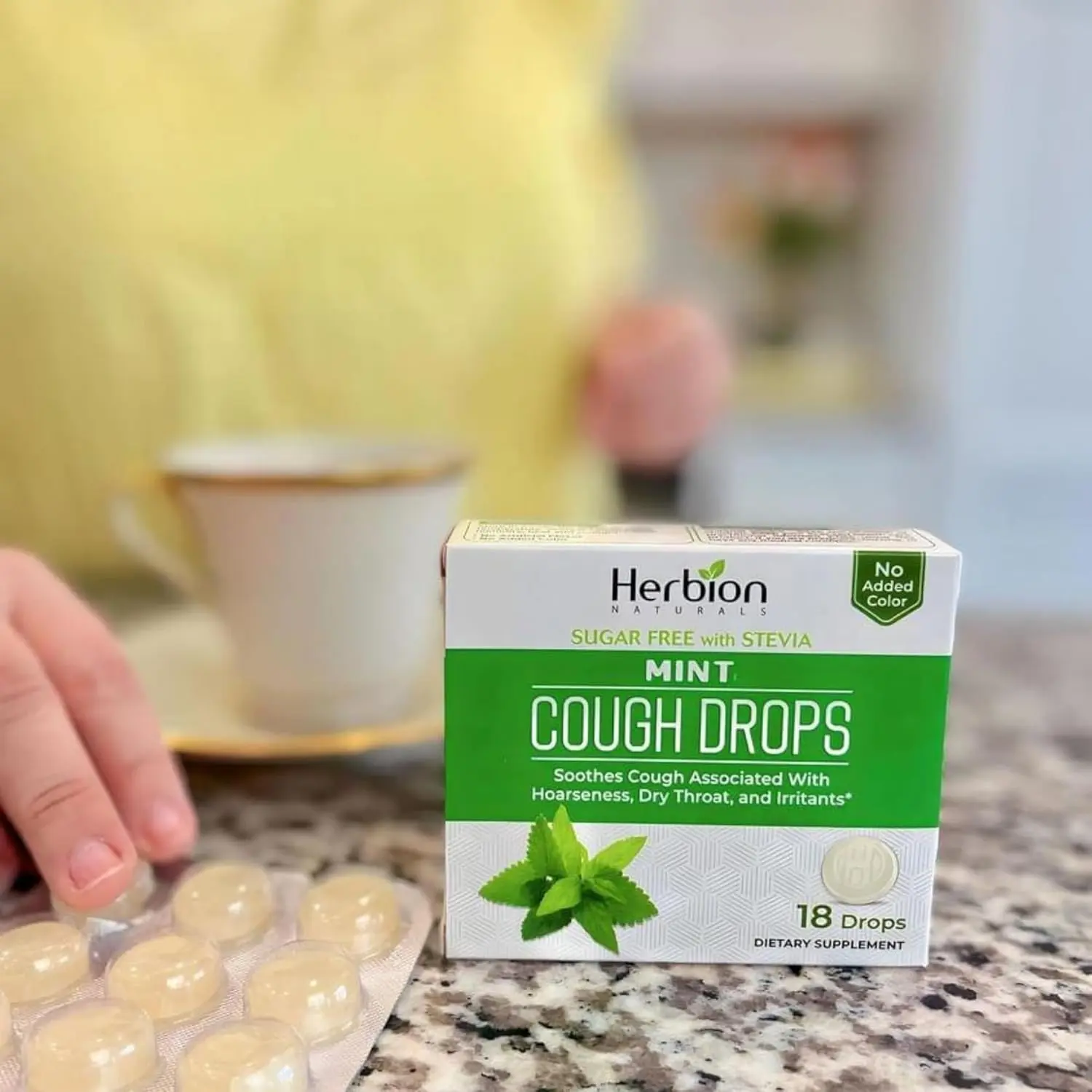 Herbion Naturals sugar-free cough drops provide rapid cough relief, soothe sore throats and dry mouths, and ease bronchial irritation with a blend of herbs and mint flavor, suitable for adults and children 6+.