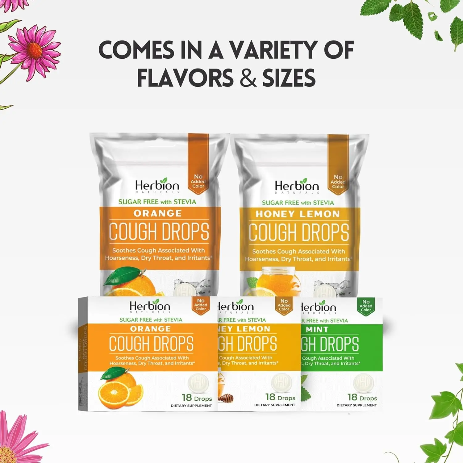 Herbion Naturals sugar-free cough drops provide rapid cough relief, soothe sore throats and dry mouths, and ease bronchial irritation with a blend of herbs and mint flavor, suitable for adults and children 6+.