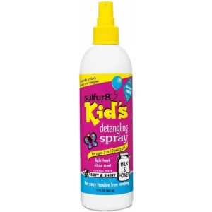 Bottle of Sulfur 8 Kids detangling spray, 12 ounces, for gentle and effective hair detangling.