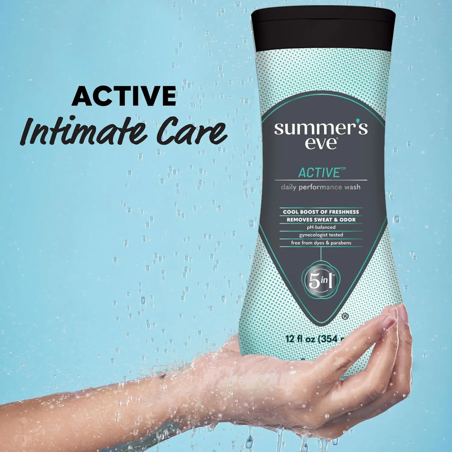 Summer's Eve Active feminine cleansing wash provides a cooling, refreshing clean, removing odor and sweat with a pH-balanced, hypoallergenic formula.