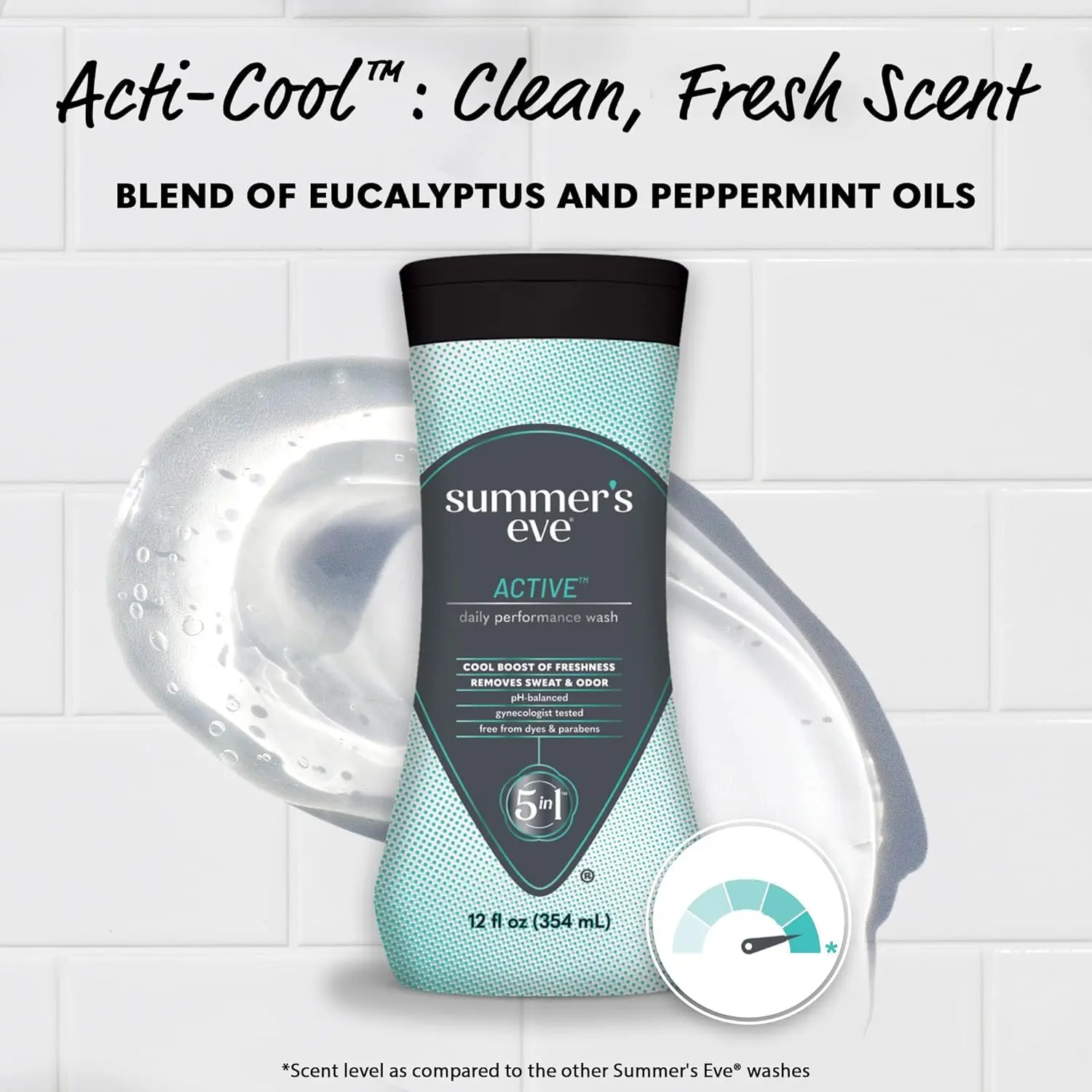 Summer's Eve Active feminine cleansing wash provides a cooling, refreshing clean, removing odor and sweat with a pH-balanced, hypoallergenic formula.