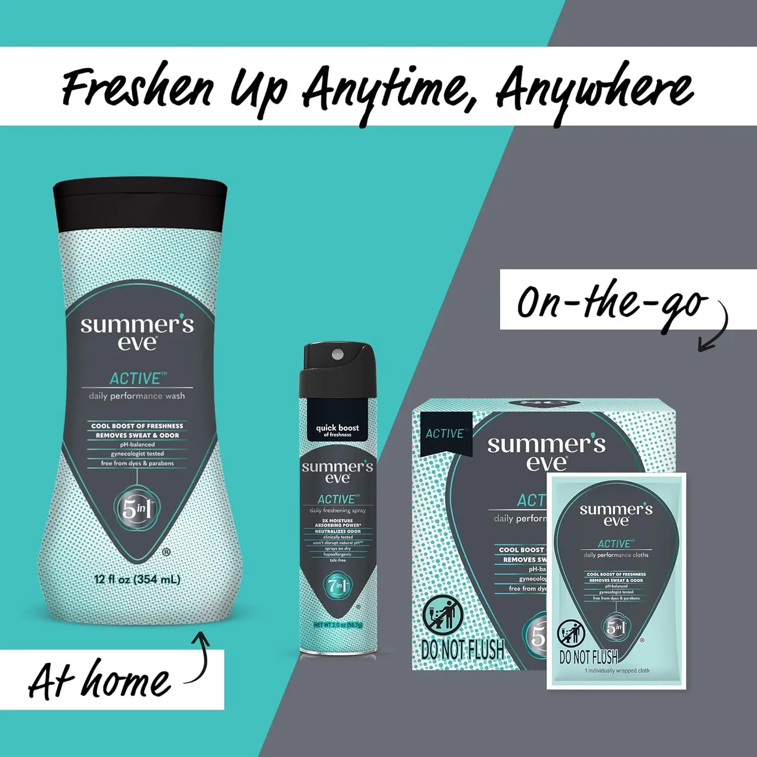 Summer's Eve Active feminine cleansing wash provides a cooling, refreshing clean, removing odor and sweat with a pH-balanced, hypoallergenic formula.