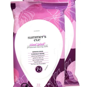 Two packs of Summer's Eve Island Splash cleansing cloths for sensitive skin, each containing 32 cloths, are displayed.