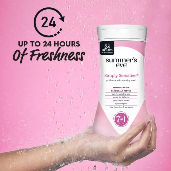 Summer's Eve Simply Sensitive Cleansing Wash gently cleanses and freshens, removing odor-causing bacteria with clinically tested safe scents.
