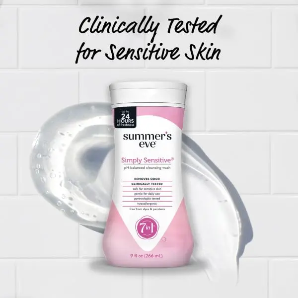 Summer's Eve Simply Sensitive Cleansing Wash gently cleanses and freshens, removing odor-causing bacteria with clinically tested safe scents.
