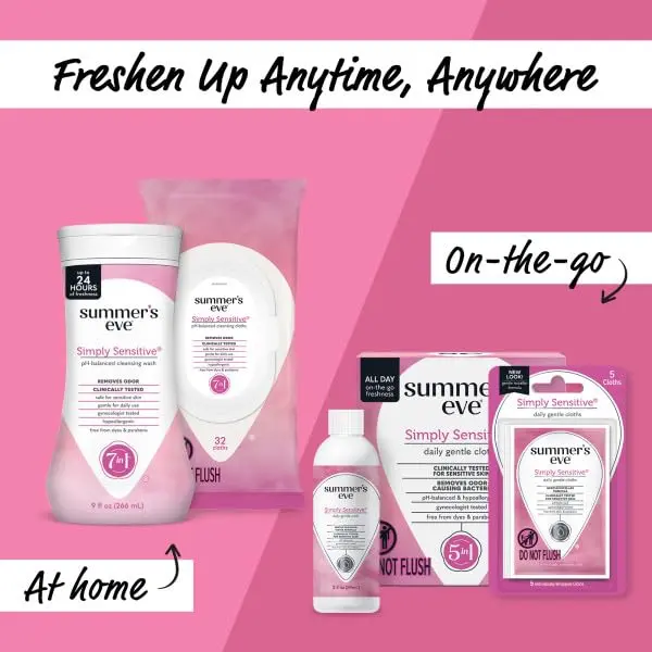 Summer's Eve Simply Sensitive Cleansing Wash gently cleanses and freshens, removing odor-causing bacteria with clinically tested safe scents.