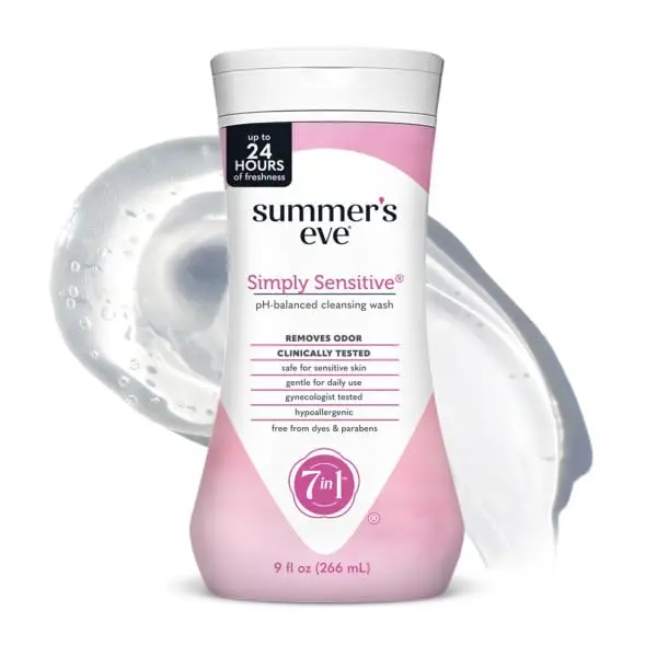 Summer's Eve Simply Sensitive Cleansing Wash gently cleanses and freshens, removing odor-causing bacteria with clinically tested safe scents.