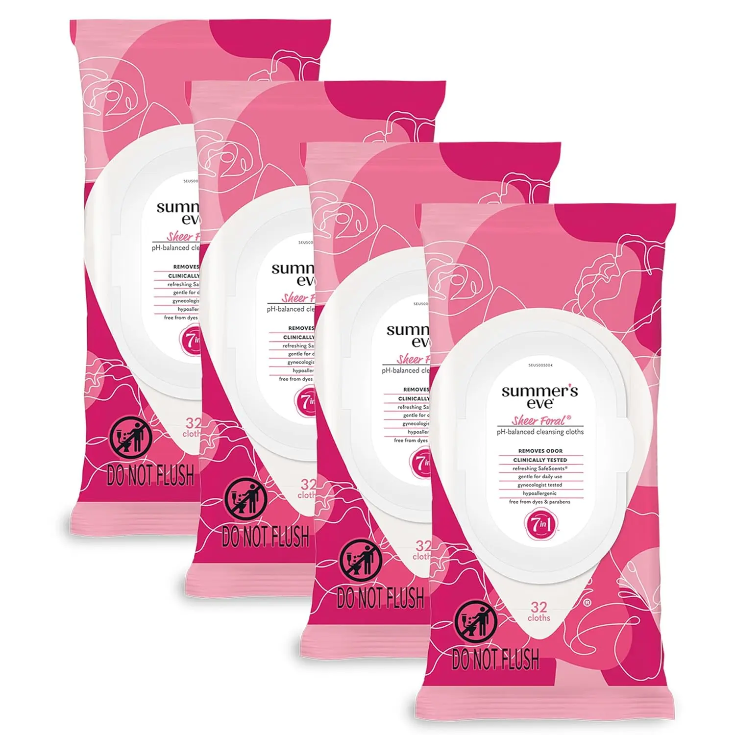 Four packs of Summer's Eve Sheer Floral feminine cleansing wipes, individually wrapped and pH-balanced for gentle, on-the-go freshness.