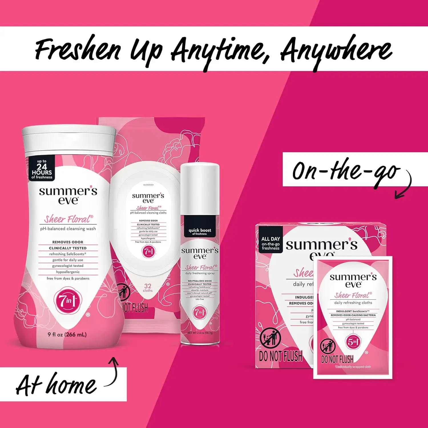 Four packs of Summer's Eve Sheer Floral feminine cleansing wipes, individually wrapped and pH-balanced for gentle, on-the-go freshness.