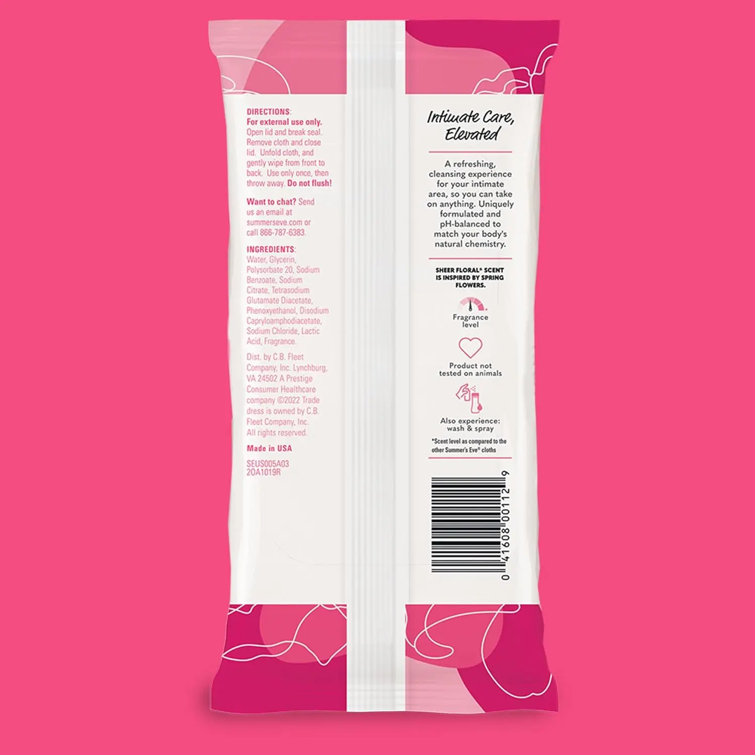 Four packs of Summer's Eve Sheer Floral feminine cleansing wipes, individually wrapped and pH-balanced for gentle, on-the-go freshness.