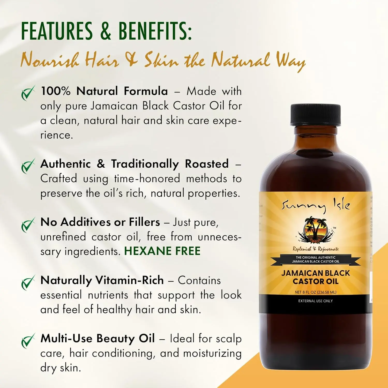 Sunny Isle Jamaican Black Castor Oil in amber bottle for healthy hair growth, scalp treatment, and skin moisturizing.